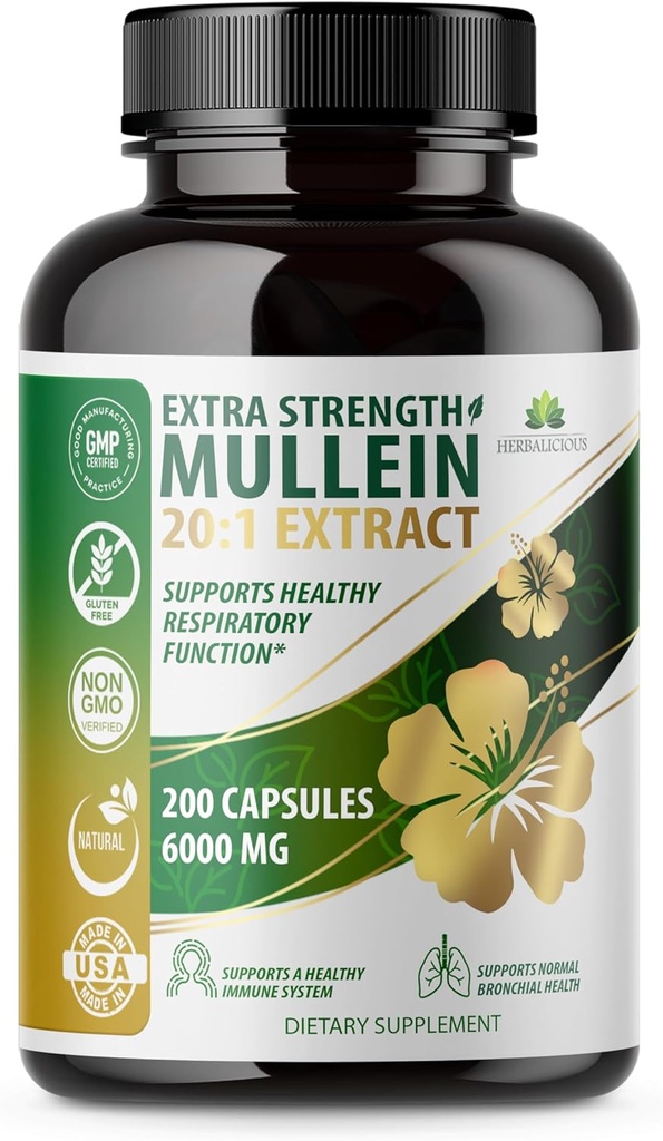 HERBALICIOUS Mullein Leaf Extract Verbascum Thapsus 20:1-200 Κάψουλες - Φυσικό συμπλήρωμα βοτάνων Lung Detox - Υποστηρίζει την αναπνευστική & ανοσοποιητική υγεία, πνεύμονα καθαρισμού
