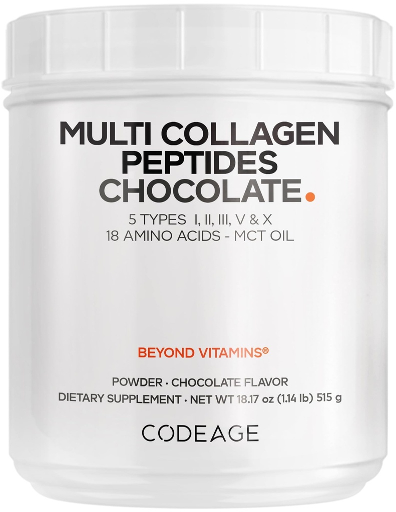 Codeage Multi Collagen Chocolate Protein Powder - Hydrolyzed Bovine Collagen Peptides, 5 Collagen Types & MCT Έλαιο - Κρέμα Κολαγόνου, Σοκολάτα Κολλαγόνο Πεπτίδια - Πρωτεΐνη Shakes - Μη ΓΤΟ - 18,17 oz
