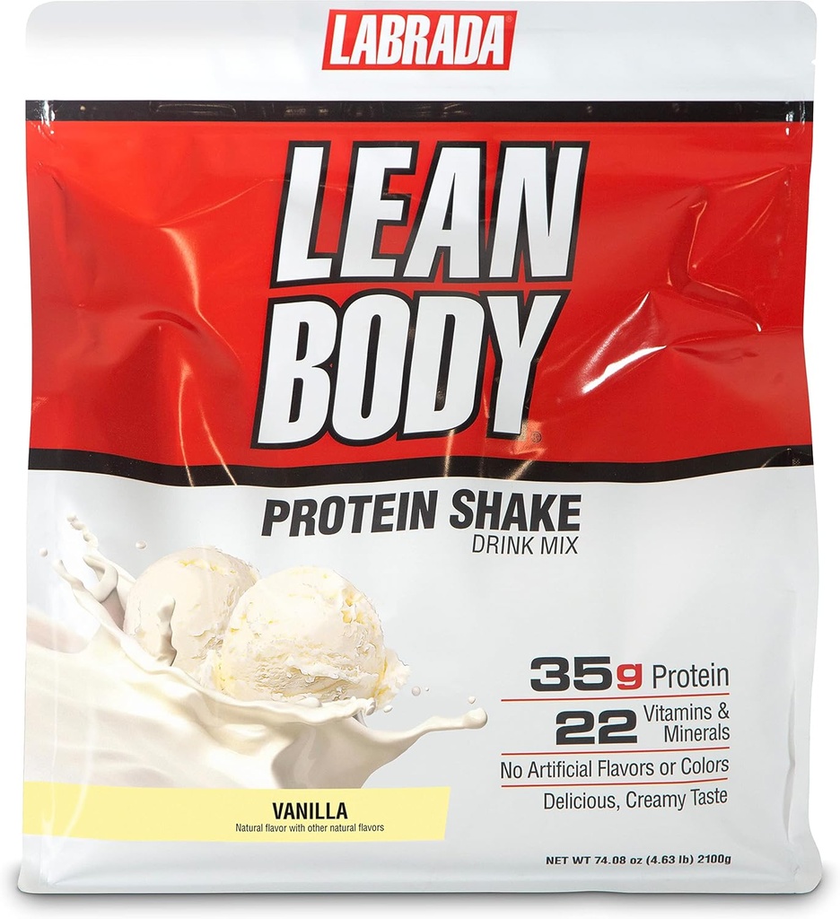 Lean Body All-in-One Vanilla Protein Shake. 35g πρωτεΐνη, Whey Blend, 7g υγιή λίπη & ίνες, 22 βιταμίνες και ορυκτά, χωρίς τεχνητά χρώματα, χωρίς γλουτένη, (4,6lb) συσκευασία μπορεί να Vary