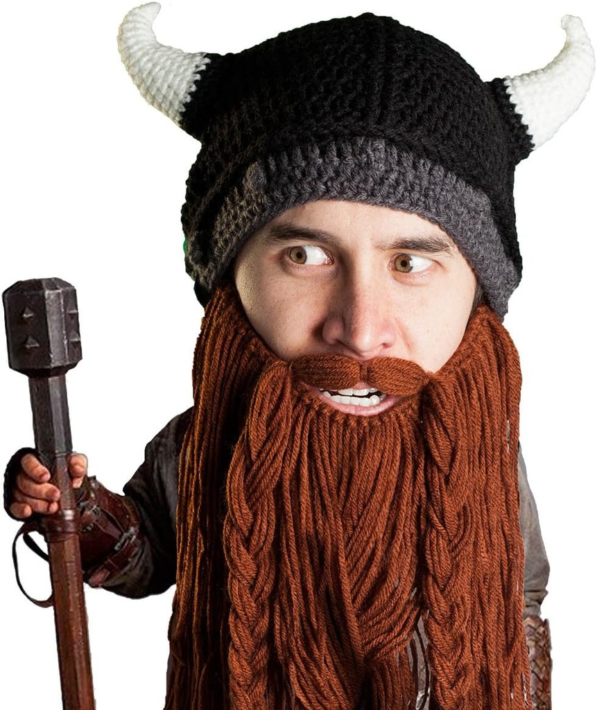 Beard Head Viking Pillager - Original Handmade Knit Viking Horn Helmet ve Reforce Braided Brown / Black Beard
