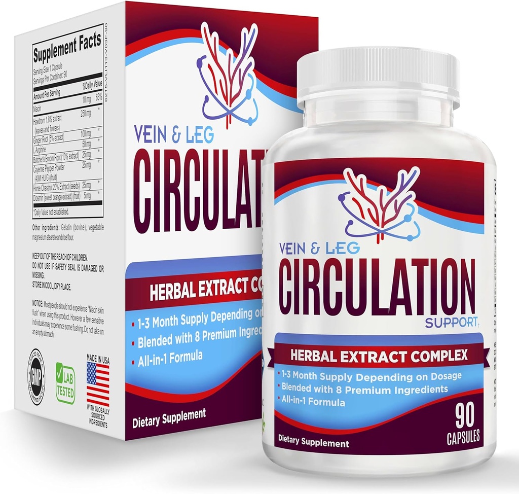 Vein & Leg Circulation Supplement (All-in-1) Sağlık Desteği 8 Aktif Malzemeler | Kan Circulation Formula | Leg & Vein Supplements | 1-Month Supply | 90 Capsules