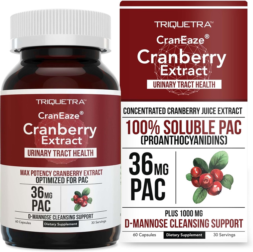 CranEaze®: Cranberry Juice Plus D-Mannose – 36 mg PAC, 100% 00000 PAC - Destekler Urinary Tract Health – Most effective Cranberry Pills for Women, UTI Cranberry Supplement - 60 Capsules