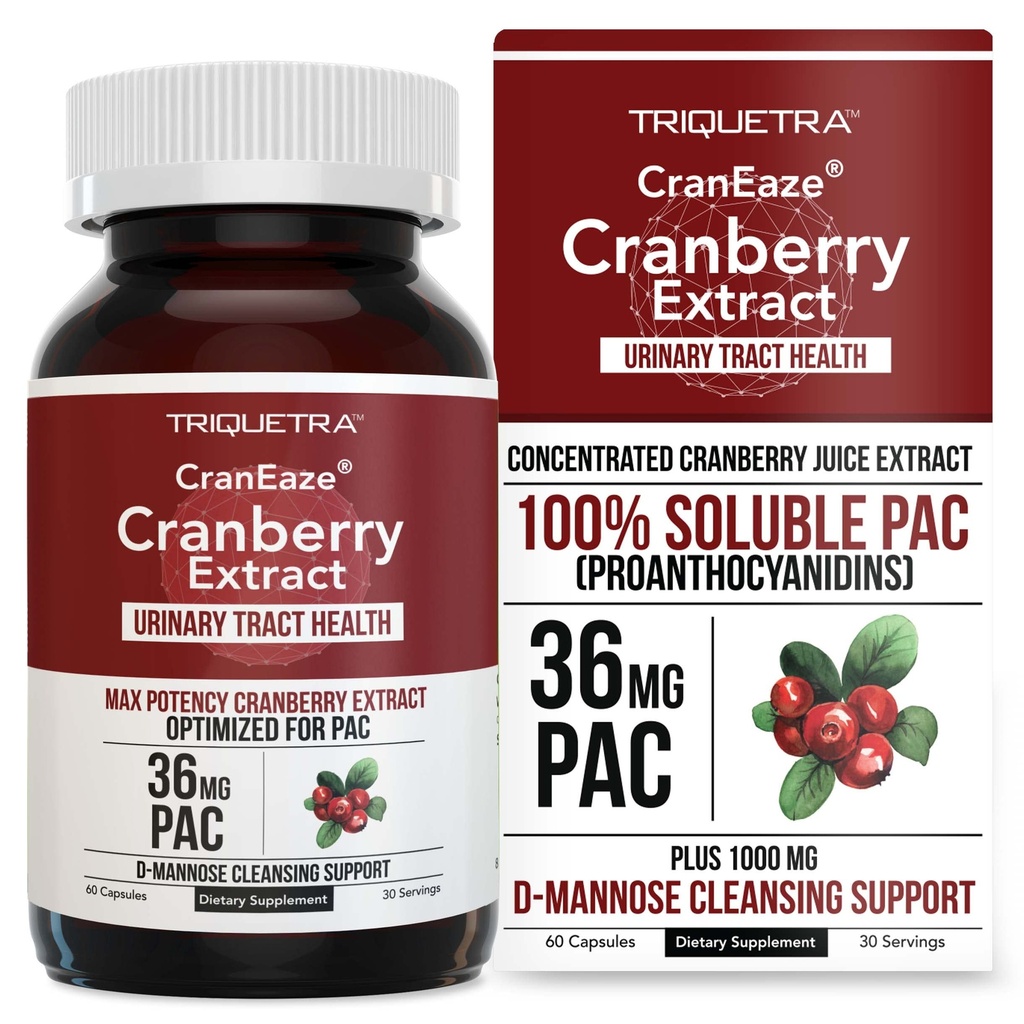 CranEaze®: Cranberry Juice Plus D-Mannose – 36 mg PAC, 100% 00000 PAC - Destekler Urinary Tract Health – Most effective Cranberry Pills for Women, UTI Cranberry Supplement - 60 Capsules