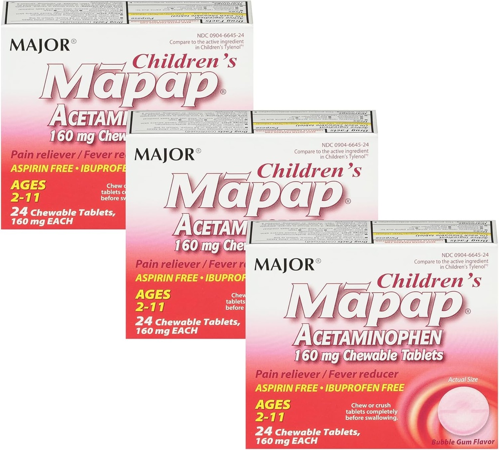 MAJOR Çocuk Haritası Acetaminophen 160 mg Chewable Tabletler - Pain Reliever/Fever Solution - aspirin Free - Ibuprofen Free - For Ages 2 to 11-24 Count (3 Pack)