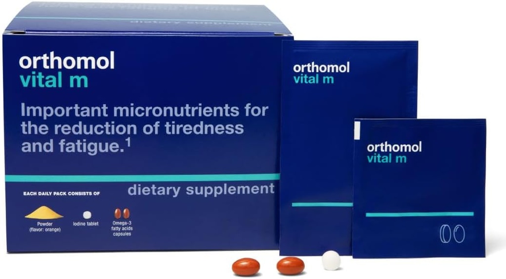 Orthomol Vital M Toz & Tablet Packet for Men, 30 Günlük Vitamin Supplement - Daily Energy, Fatigue Re, B, C, D, E, K, Omega-3 & Iodine