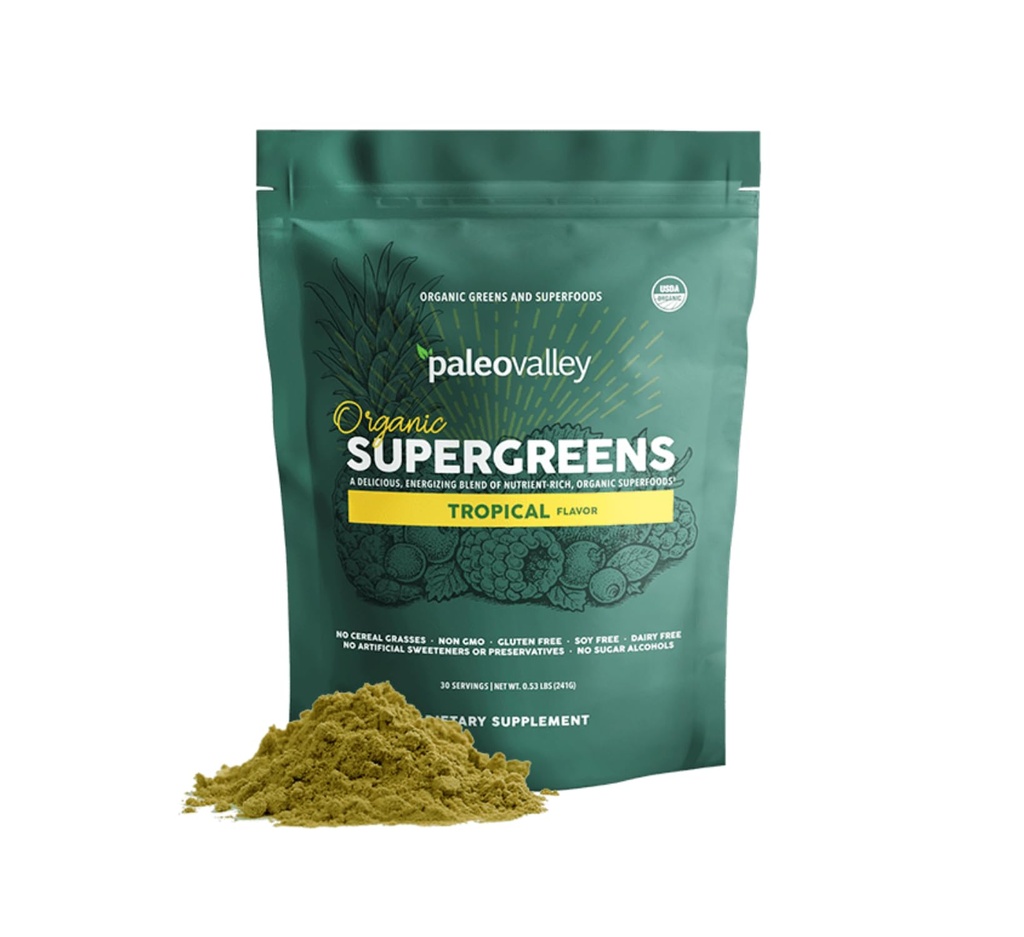 Paleovalley Organik Supergreens Toz - Enerji ve Immunity Desteği için Prebiyotik Fiber ile 23 Superfood - No Cereal Grasses for maximum Abpole - Tropikal, 28 Hizmet