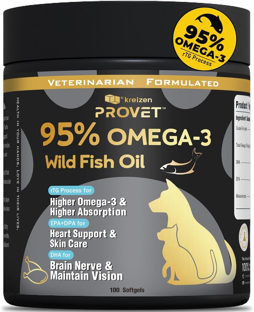 Köpekler ve Kediler için% 95 Omega 3 Fish Oil, Vet-Former with RTG Processed Salmon Oil, maximum EPA & DHA, Supports Heart, Skin, Coat, Joint,Heart & Immune Health, 100 Soft Gels