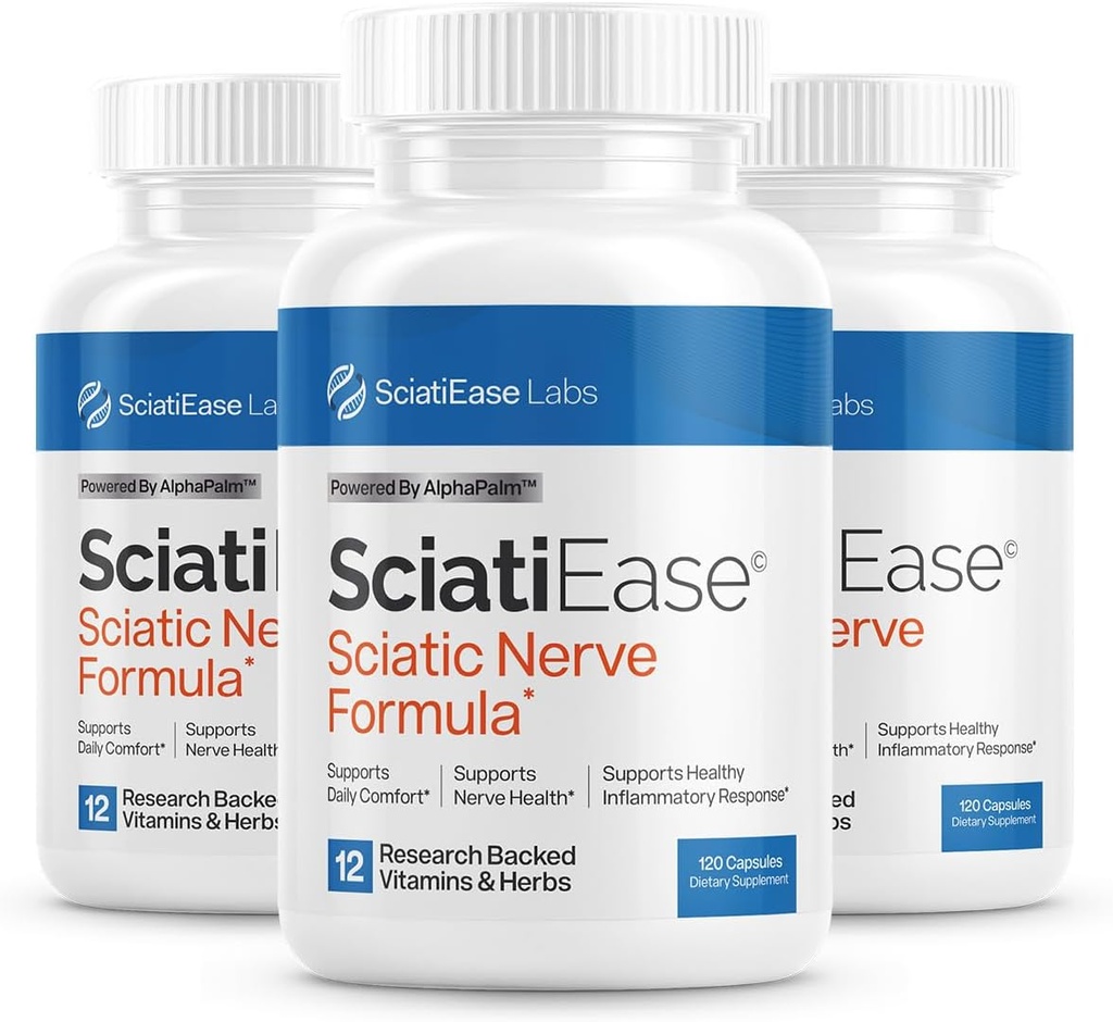 SciatiEase Sciatic Nerve Health Support Supplement - Nerve Support Formula with AlphaPalm, Pea, Vitamin B Complex, Alpha Lipoic Acid 300mg - 3 Bottles