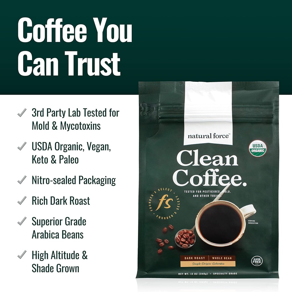 Doğal Kuvvet Organik Dark Roast Clean Coffee + Organik MCT Oil Sche – 100% Pure Coconut MCTs & Moldova Free Coffee – Non-GMO, Chem, Paleo ve Vegan - 12 Oz ve 16 Oz