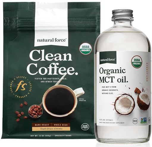 Natural Force Organic Dark Ψητός Καθαρός Καφές + Βιολογικό MCT Oil Bundle – 100% Καθαρή καρύδα MCTs & Μούχλα & Μυκοτοξίνη Δωρεάν Καφές – Μη ΓΤΟ, Κέτο, Παλαιό, και Vegan - 12 Oz και 16 Oz