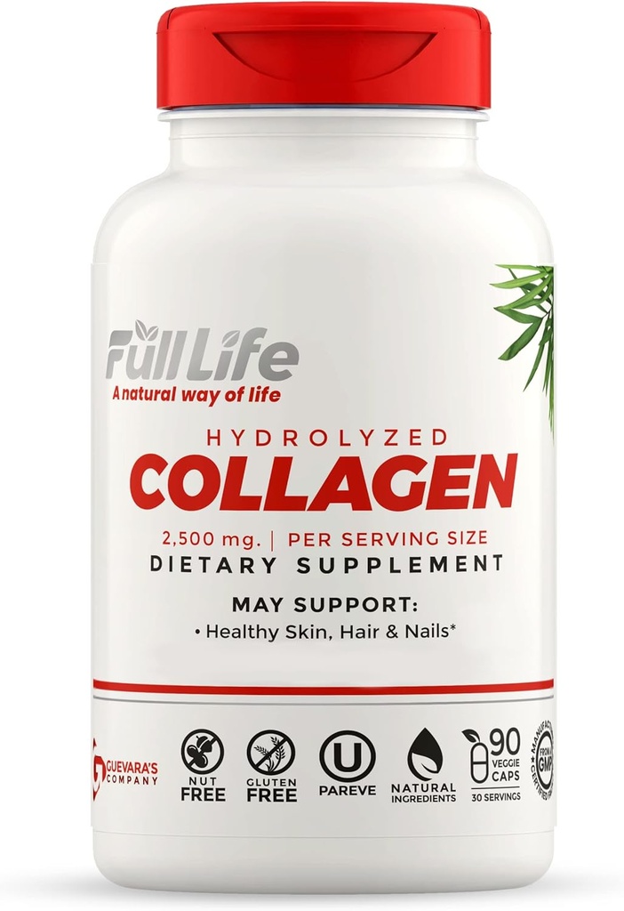 Full Life Hydrolyzed Collagen Supplements - Bovine Collagen Pills for Women and Men - Kosher Collagen Capsules, Gluten-Free - 90 Veggie Capsules 2500 mg