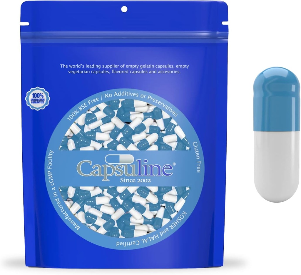 Capsuline Colored Uzunluk 00 Boş Vegan Capsules - 10000 Kont - Boş Veggie Pill Capsules - DIY Sebze Kapsülü - Boş Caps - Kosher ve Halal Sertifikalı - GMO sertifikalı (Mavi/Beyaz)
