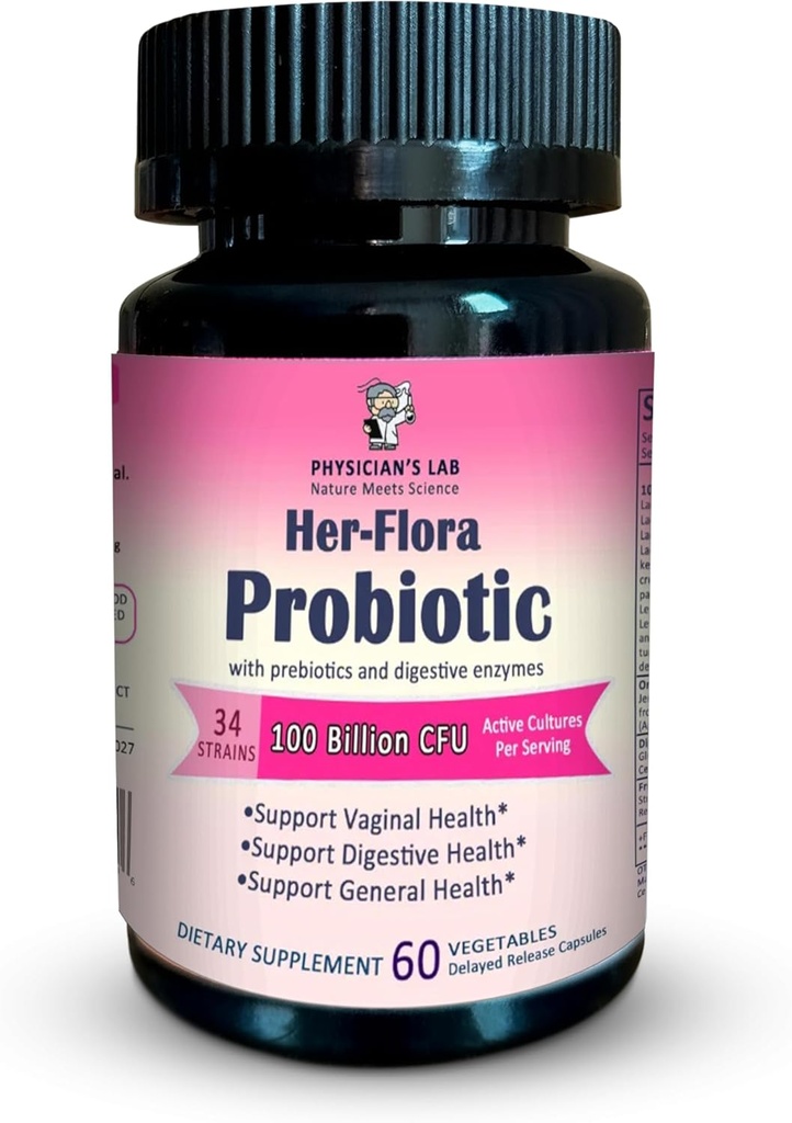 Doktor'un Lab Her-Flora Women's Probiyotik 100 Milyar CFU per Capsule, Non-GMO, 34 Strains, Prebiyotiks & Digestive enzimleri, Gut & Vaginal Health, H.Pylori Support, 60 Veg Caps,2-Months Supply!
