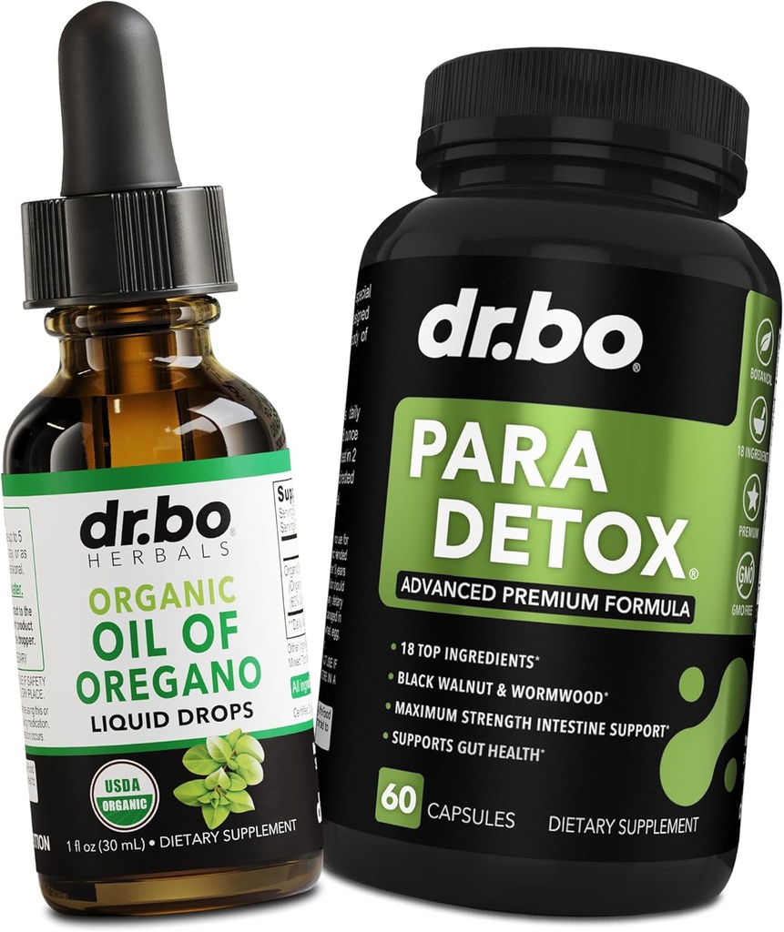 Oregano Oil Organic Liquid Drops & Gut Health Caps - Oregano Drops Tincture Extract & Intestinal Pills Herbal Wormwood Black Walnut Cloves Immune Support - Herbal Organic