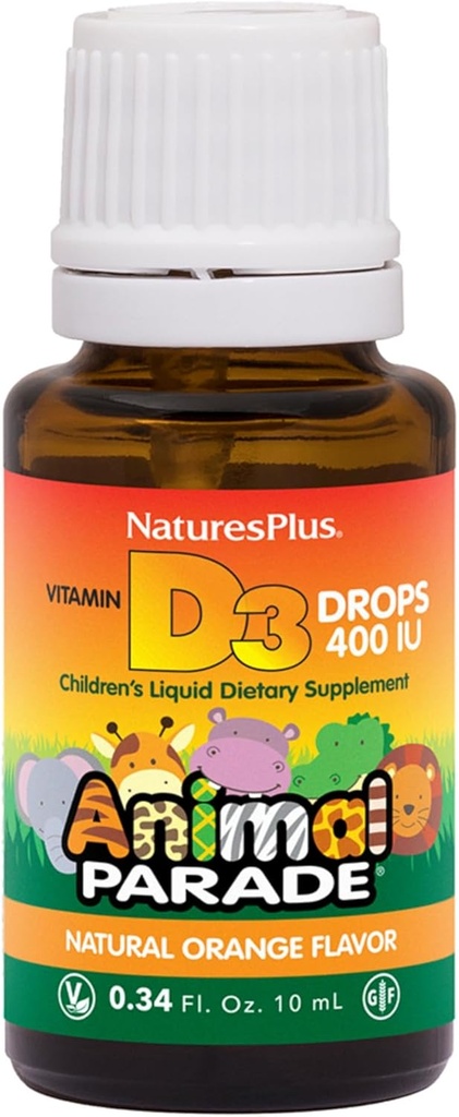 NaturesPlus Ζωική Παρέλαση Υγρή Βιταμίνη D3 Σταγόνες για Παιδιά - 400 IU, 10 mL - Πορτοκαλί Γεύση - Υγεία των οστών & ανοσοποιητικό σύστημα Υποστήριξη συμπλήρωμα - Χωρίς γλουτένη, Χορτοφαγικά - 365 Υπηρεσίες