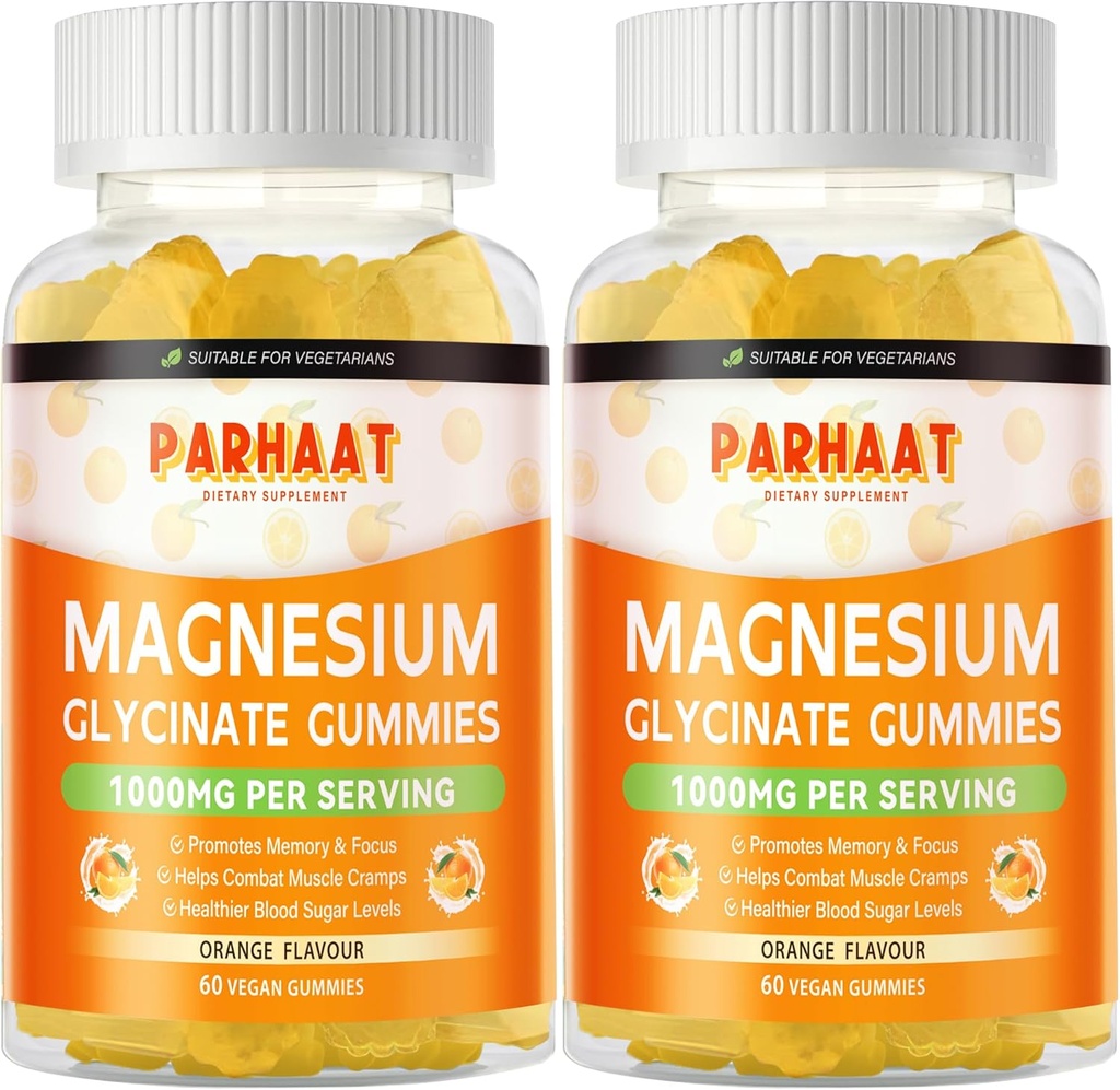 Magnezyum Glycinate Gummies 1000 mg - Sugar Free Magnezyum Pids Supplement with Vitamin D, B6, CoQ10 for Calm Mood & Sleep Support - 120 Orange Gummies 2 Pac