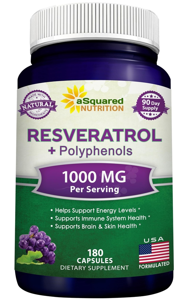 Red Wine Extract ile ASquared Beslenme Doğal Resveratrol - 180 Capsules - Trans Resveratrol Antioxy Supplement Pills for Pure Heart Health - Ekstra Güçlü Trans-Resveratrol