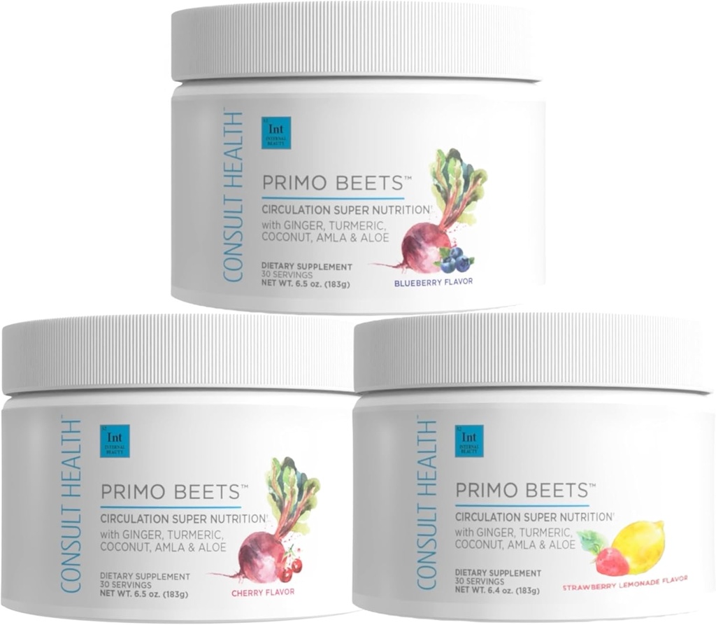Συμβουλευτείτε την υγεία Primo Beets Beet Root Powder Drink Mix with Nitrates, Daily Circulation Support with Ginger and Turmeric, 3 Pack Flavors, Cherry, Blueberry and Strawberry Lemonade 6,5 oz Κάθε ένα