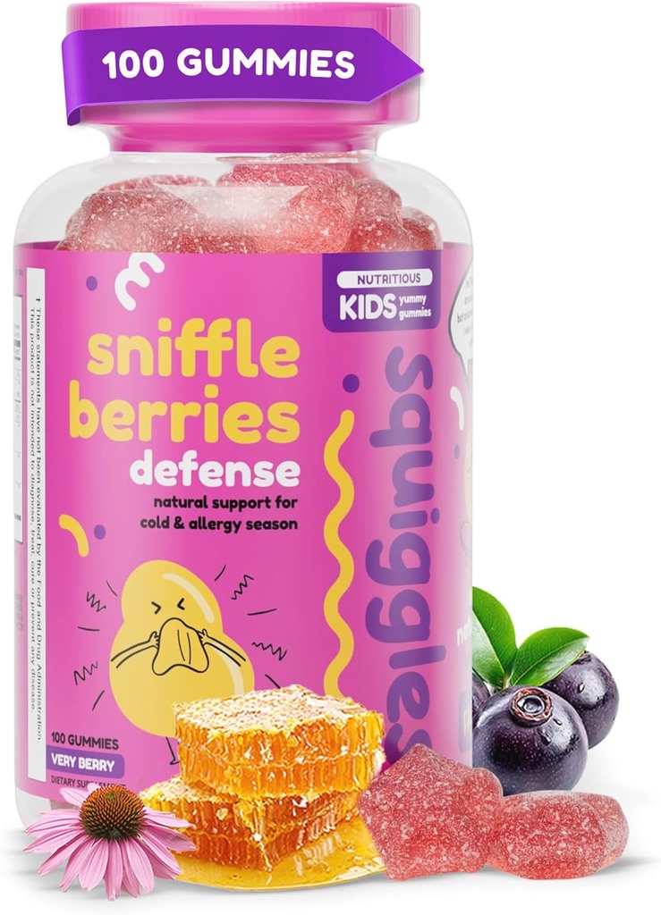 Squiggles Sniffleges Elderberry Gummies with Bee Propolis & Echinacea, Kids Immune ATM, Propolis Gummies for Health, Toddler Vitamins for Immune Support, Tasty Chewy Gummy (100 Count)