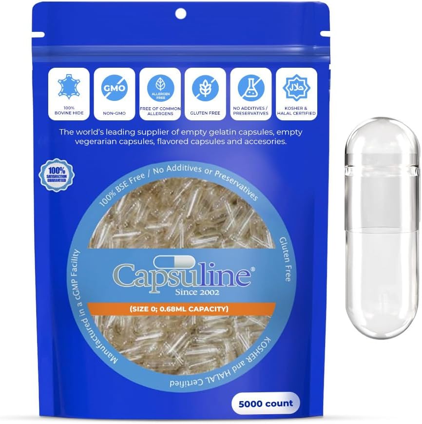 Capsuline Uzunluk 0 Boş Gelatin Capsules, Clear - 5000 Count | Gluten Free, Kosher, Non-GMO sertifikalı | Pure Bovine Pill Caps for DIY Tamam Filling