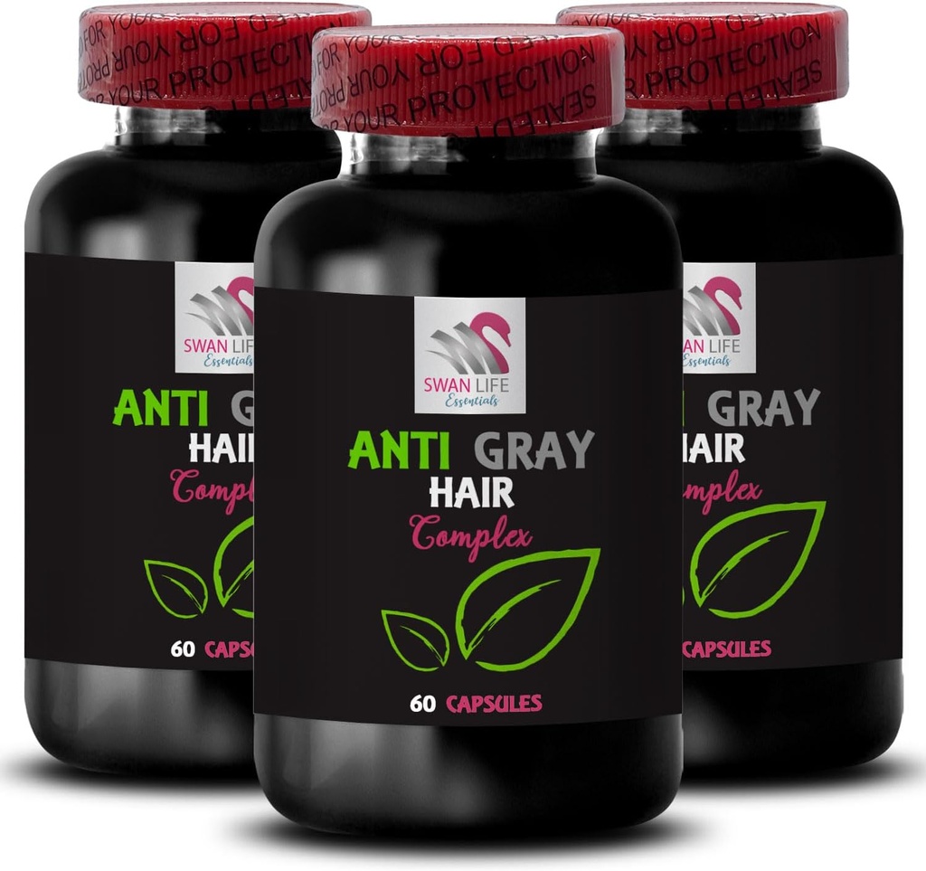 Anti Gray Saç Pilleri - Anti Gray Saç Kompleksi - Renk Restorasyonu, Gray Saç Desteği, Saç Brilliance, Natural Tone, Vibrant Shine, Gray Saç Kontrolü, Renk Yeniden Düşünme 3 Şişe 180 Capsules 180 Capsules