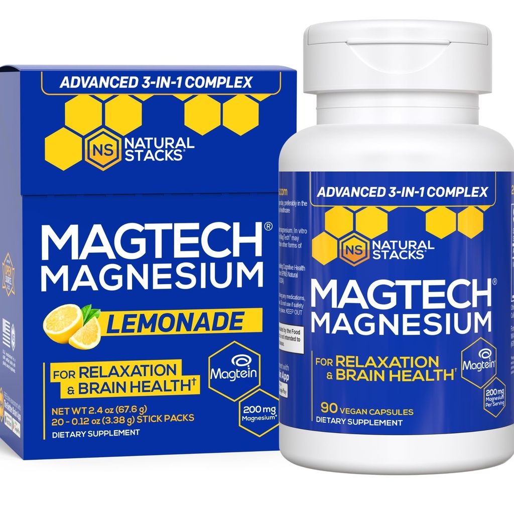 NATURAL STACKS MagTech Magnezyum Capsules + Magtech Drink Mix Sche - Supports Relaxation & Brain Health* - 50 Toplam Hizmetler