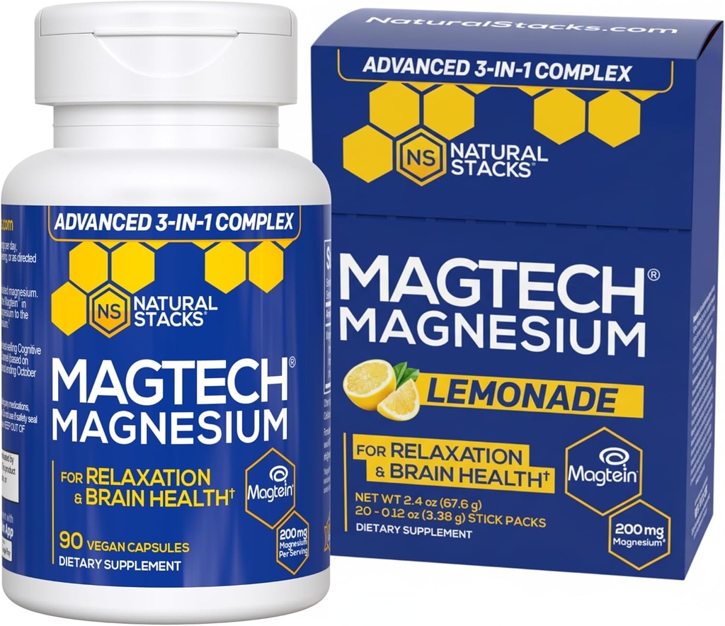 NATURAL STACKS MagTech Magnezyum Capsules + Magtech Drink Mix Sche - Supports Relaxation & Brain Health* - 50 Toplam Hizmetler