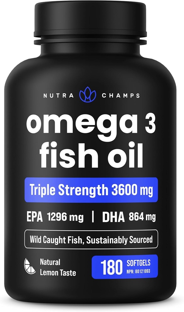 Triple Strength Omega 3 Fish Oil 3600 mg | EPA & DHA | 180 Softgels | Burpless Fish Oil Supplement, Wild Caught | 2100 mg Omega-3 Fatty Acids Supplements | Natural Lemon Flavor Omega 3 Pills