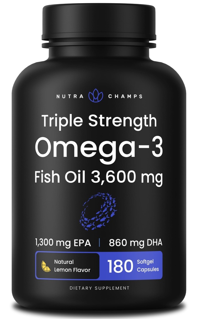 Triple Strength Omega 3 Fish Oil 3600 mg | EPA & DHA | 180 Softgels | Burpless Fish Oil Supplement, Wild Caught | 2100 mg Omega-3 Fatty Acids Supplements | Natural Lemon Flavor Omega 3 Pills