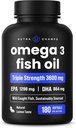 Triple Strength Omega 3 Fish Oil 3600 mg | EPA & DHA | 180 Softgels | Burpless Fish Oil Supplement, Wild Caught | 2100 mg Omega-3 Fatty Acids Supplements | Natural Lemon Flavor Omega 3 Pills