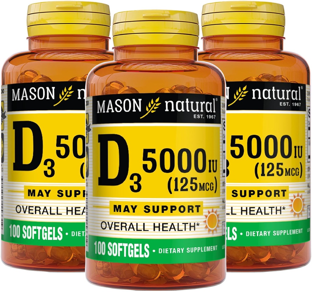 MASON NATURAL Vitamin D3 125 mcg (5000 IU) - Genel Sağlık, Kemikleri ve Kasları, Fish Liver Oil'den 50 Softgels (Paketi 3)