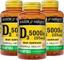 MASON NATURAL Vitamin D3 125 mcg (5000 IU) - Genel Sağlık, Kemikleri ve Kasları, Fish Liver Oil'den 50 Softgels (Paketi 3)