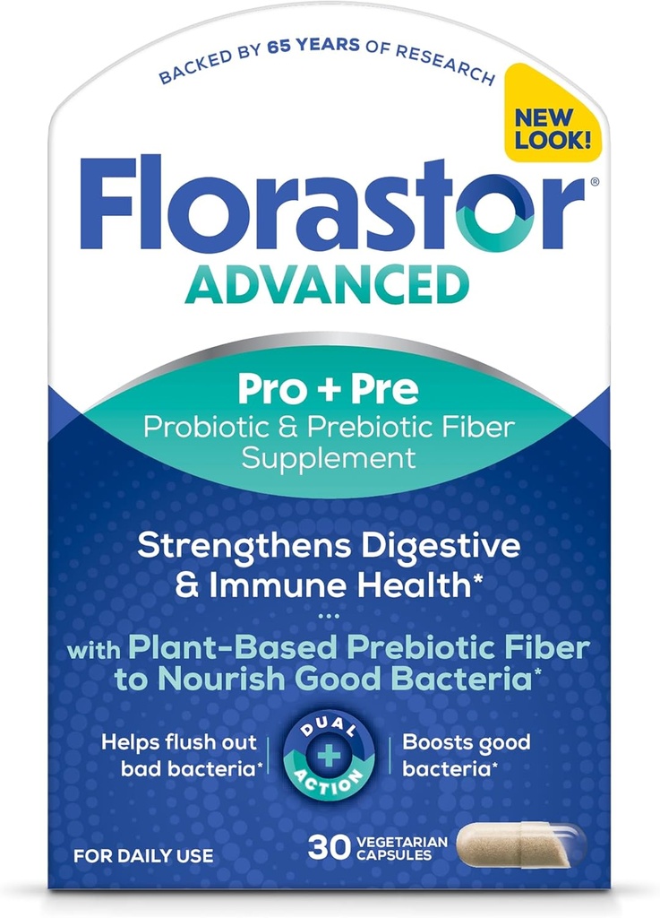 Florastor Pro+Pre Daily Probiyotik ve Prebiyotik Supplement for Women and Men, Boosts Good Bakteri, Saccharomyces Boulardii CNCM I-745 (30 Capsules)