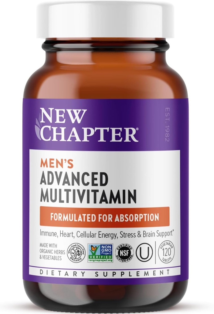 New Chapter Men's Multivitamin Advanced Formula for Stress, Brain, Immune, Heart & Energy Support, Higher Levels of Whole-Food Farmed Essential Nutrients for Men + Selenium + B Vitamins, 120 ct