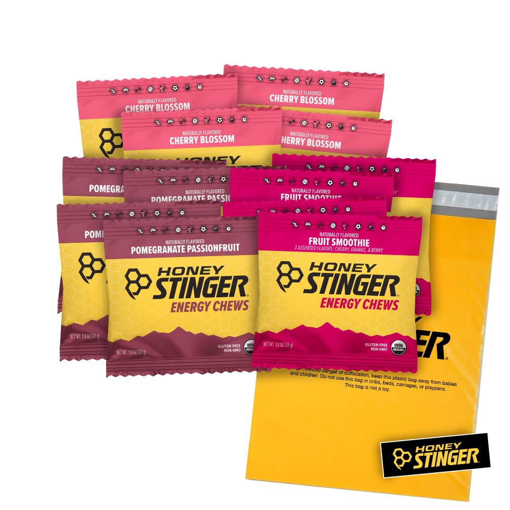Honey Stinger Organik Enerji Chews - Çeşitli Paket - 12 Kont - Her Flavor'un 4 - Chewy Gummy Enerji Kaynağı - Cherry Blossom, Meyve Smoothie & Pomegranate Passionfurt - Plus Manual ve Polybag