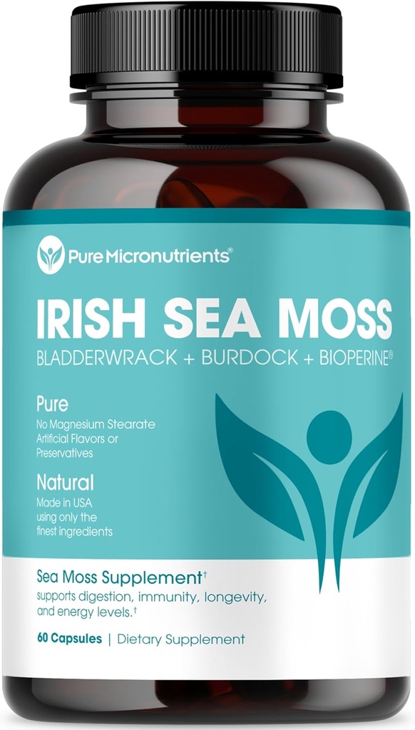 Pure Micronutrients Irish Sea Moss Capsules - Organik İrlandalı Seamoss Pills with Bladderwrack, Burdock & Black Pepper for Energy, Immunity, Thyroid, Digestion, Heart and Bone Health