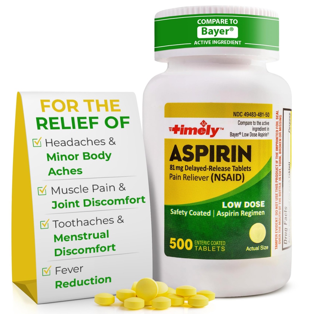 Zamanlı Low Dose aspirin 81 mg Yetişkinler için - Ağrı Az Aches & Ateş Tespiti - Bayer'deki Aktif Malzemelerle Karşılaştırma - Low Strength Girişi