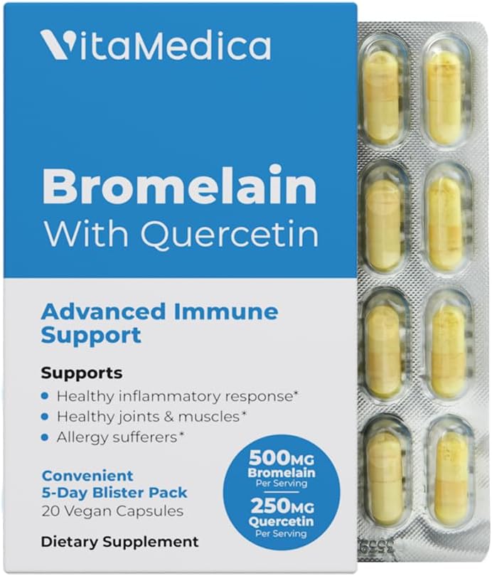 VitaMedica Bromelain & Quercetin Supplement - 500 mg Bromelain 250 mg Quercetin - 2400 GDU for Immunity, Joint Support, Inflammation and Muscle Recovery - 20 Vegan Capsules - 5 Day Supply