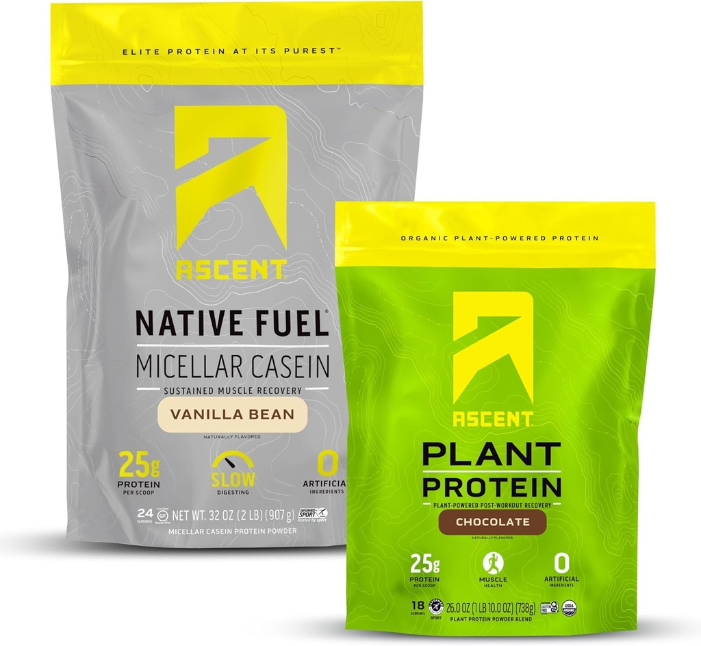 Ascent Casein Protein Toz Vanilla Bean 2 lb & Plant Protein Toz Çikolata 18 Hizmet