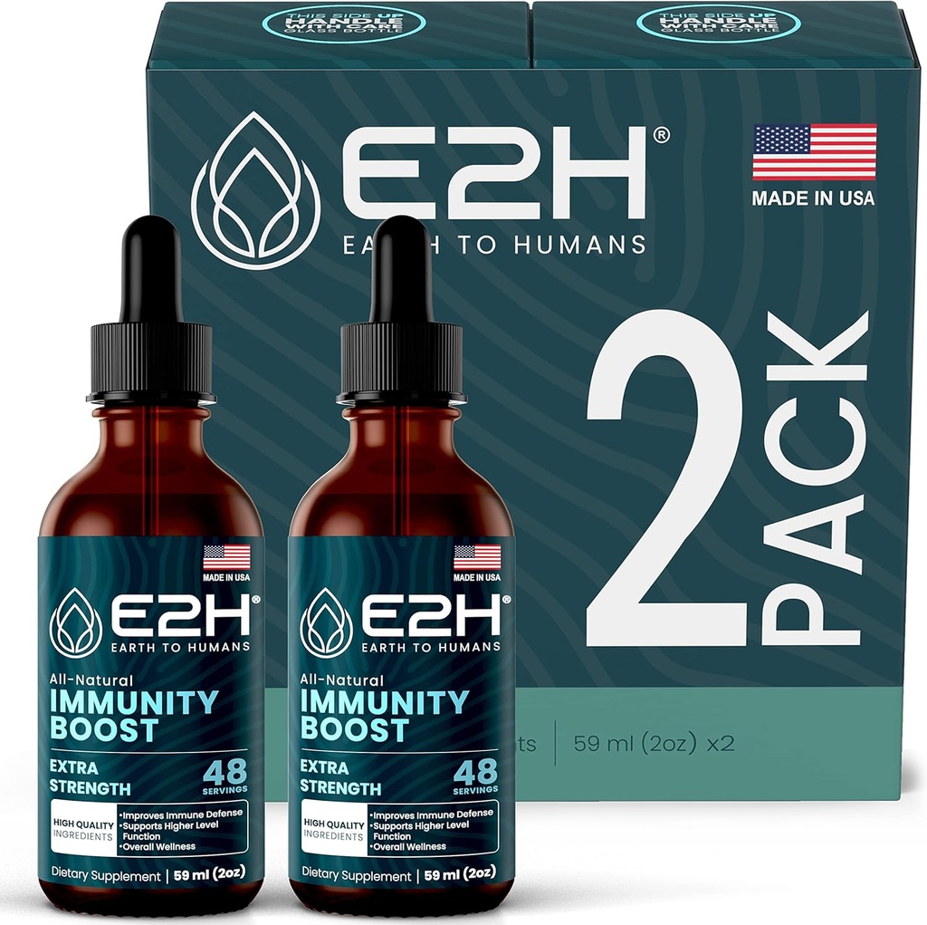 E2H Advanced Immune Defense Supplement - All-Natural Immune Booster - Συμπληρώματα Υποστήριξης Ανοσοποιητικών Σταγόνων - Περιέχει Ιερό Βασίλειο, φύλλα Παπάγιας και Κόκκινο Πολυπόρο - Μη-ΓΤΟ, Vegan (2 μπουκάλια)