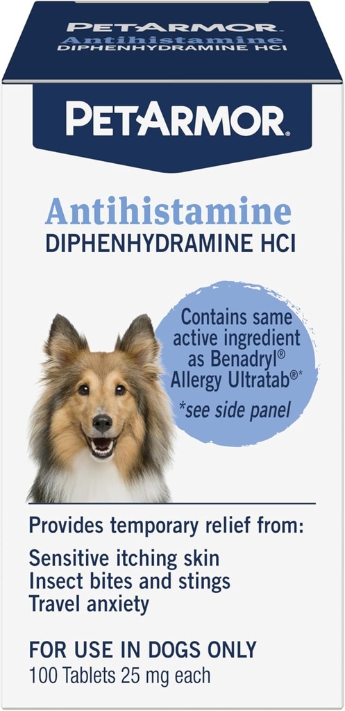 Hayvanlar için PetArmor Antihistamin Anti-to-Use Anti-Itch Medicine, Böcek Bitleri ve Stings, 100 Tablets,