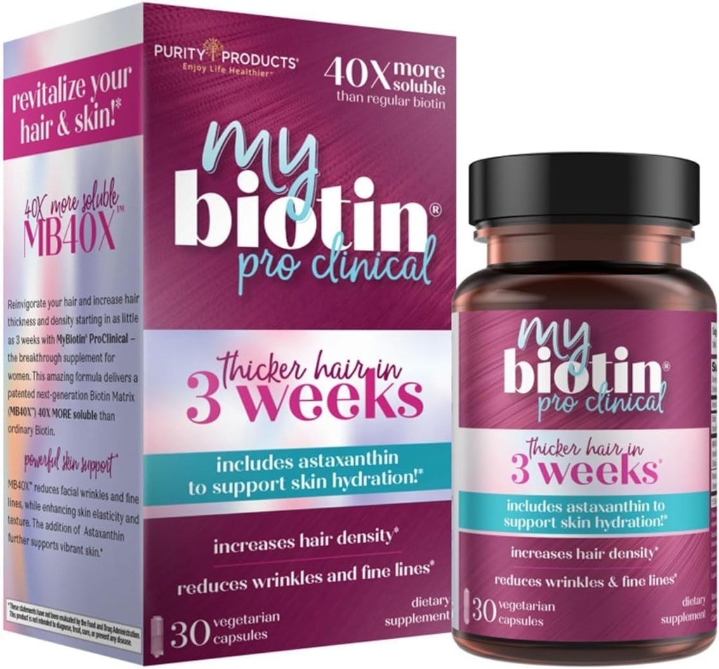 Saf Ürünler MyBiotin ProClinical - 3 Haftas & Fights Wrinkles - MB40X Patentli Biyotin Matrix w / Astaxanthin - 40X Daha Fazlası - Sıradan Biotin 30 Veg Cap