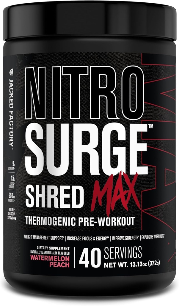 Jacked Factory Nitrosurge Shred Max Preworkout - Υψηλής απόδοσης θερμογόνος προ προπόνησης σκόνη για άνδρες και γυναίκες - L κιτρουλίνη, Acetyl L καρνιτίνη, οργανική καφεΐνη - 40 σερβιρίσματα, Peachάκινο καρφάκι