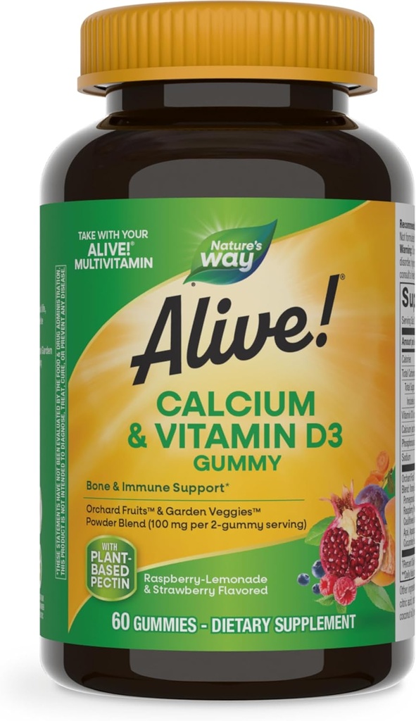 Doğanın Yolu Alive! Günlük ve Vitamin D3 Gummies, Bone Support*, Immune Support*, Strawberry ve Raspberry Lemonade Flavored, 60 Gummies