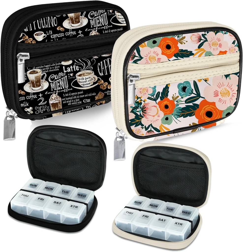Serfeymi Weekly Travel Pill Organizer Pill Case for Purse with Reforce 7 Day Pill Box, Fashionable Travel Medicine Organizer Pill Konteyner for Medicine, Vitamin, Supplement - Black 02 + Bloom 01