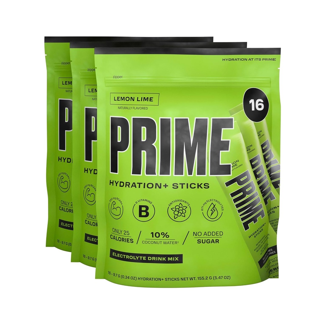 PRIME HYDRATION+ Sticks Lemon Lime | Hydration Toz Single Serve Sticks | Electrolyte Toz On The Go | Low Sugar | Caffeine-Free | Vegan | 48 Sticks