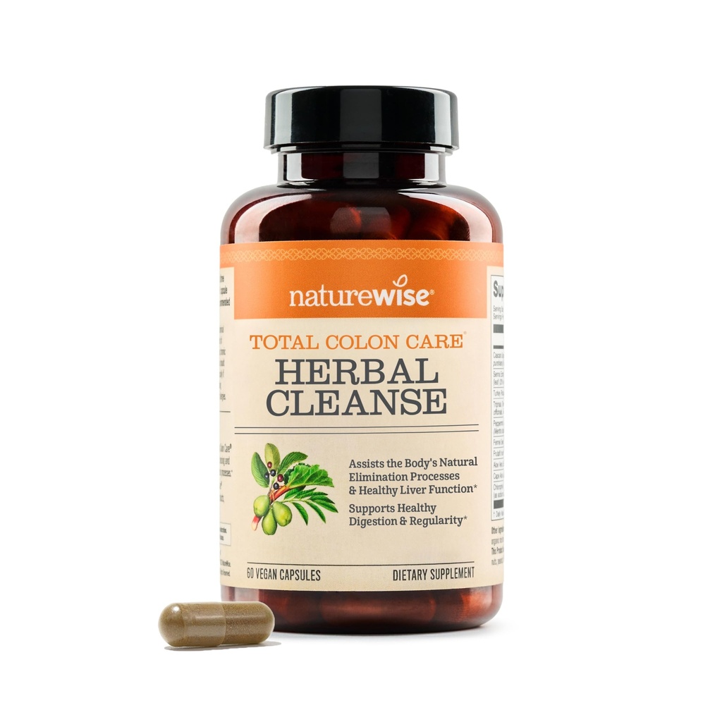 Naturewise Total Colon Care Herbal Cleanse - Prebiyotikler, Botanikler ve Antioksiler - Düzenli Bowel Hareketi için, Digestion, Gut Health - Vegan, Gluten-Free, Non-GMO - 60 Capsules[2-Month Supply]