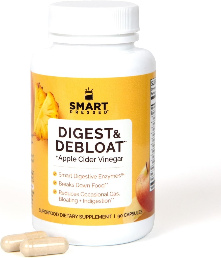 SMART Pressed Juice Digest & Debloat Digestive Enzymes Fast Acting for Acid Reflux Indigestion Heartburn Gas Bloat | All Natural Digestive Health with Apple Cider Vinegar, 90 Capsules Made in USAinegar, 90 Capsules