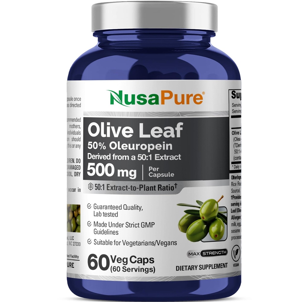 NusaPure Olive Leaf 50:1 Ekstraksiyon, 500 mg 25.000 mg Eşdeğer - 50% Ol Europein Vegan/Vegetarian - Super Strength No Oil 60 Capsules