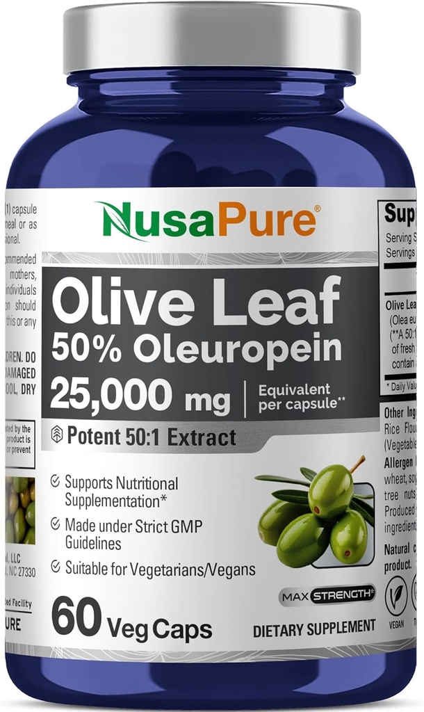 NusaPure Olive Leaf 50:1 Ekstraksiyon, 500 mg 25.000 mg Eşdeğer - 50% Ol Europein Vegan/Vegetarian - Super Strength No Oil 60 Capsules